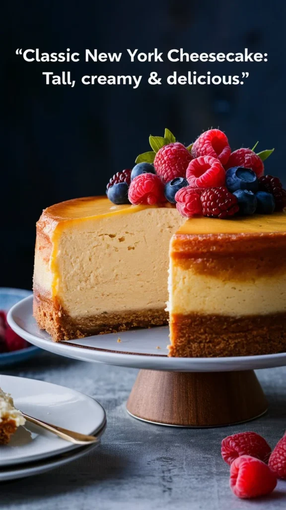 “Classic New York Cheesecake: Tall, Creamy & Delicious”