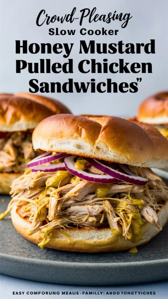 “Crowd-Pleasing Slow Cooker Honey Mustard Pulled Chicken Sandwiches”