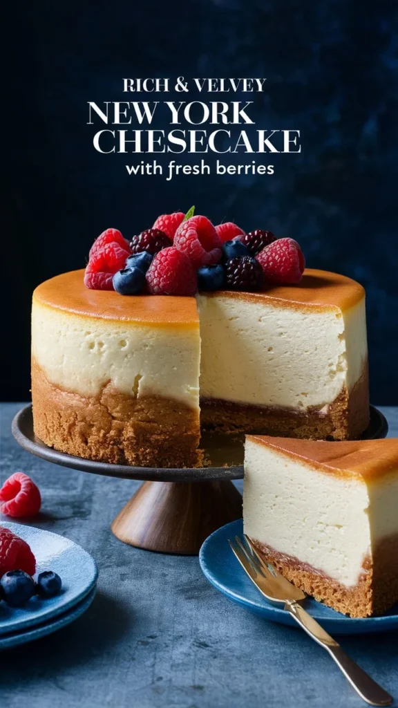 “Rich & Velvety New York Cheesecake with Fresh Berries”