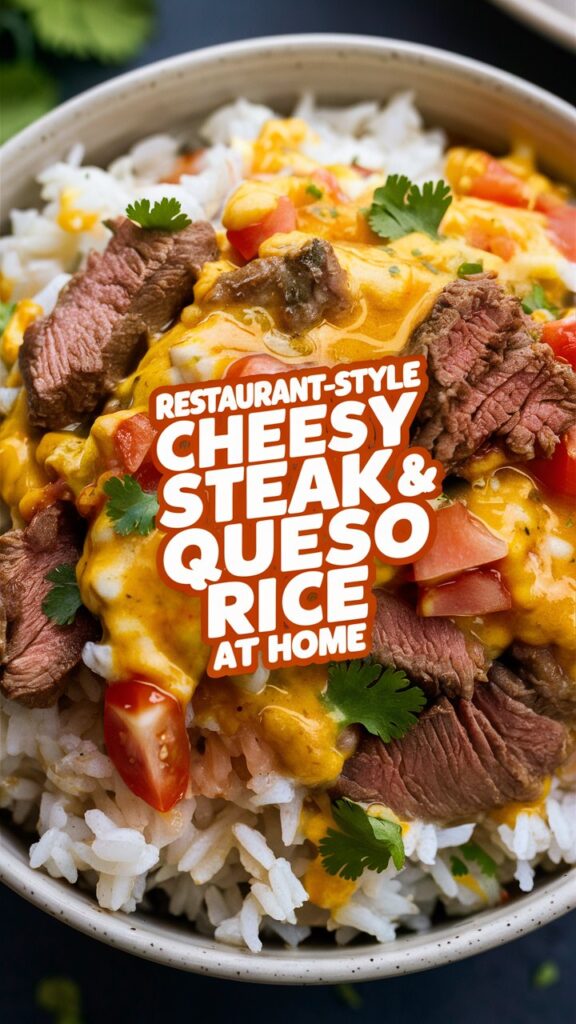 Restaurant Style Cheesy Steak & Queso Rice at Home