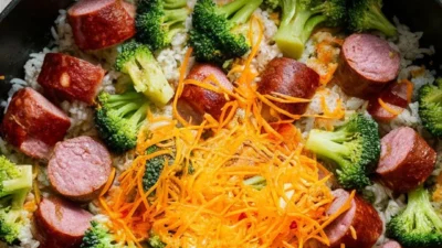 Cheesy Kielbasa Rice & Broccoli Skillet – One Pan, 30 Minutes!