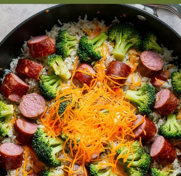 Cheesy Kielbasa Rice & Broccoli Skillet – One Pan, 30 Minutes!